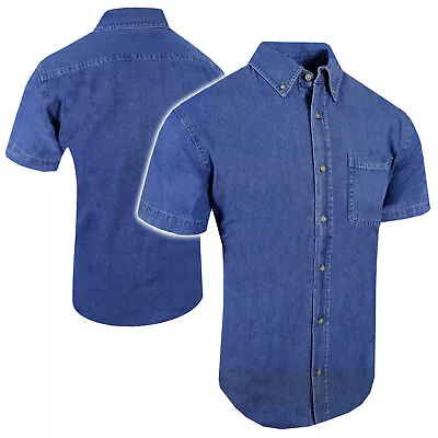 Mens Denim Shirt Short Sleeve Blue Wash Button Down Collar Pocket Western S-4X • $19.95