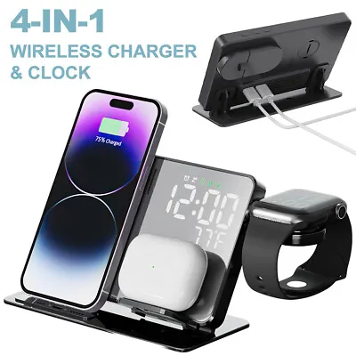 15W 4in1 Wireless Charger Dock Stand Clock Temperature For Apple Watch IPhone UK • £25.99