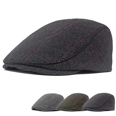 Mens Flat Cap Gatsby Tweed Black Peak Hat Herringbone Newsboy Beret  Caps • £5.63