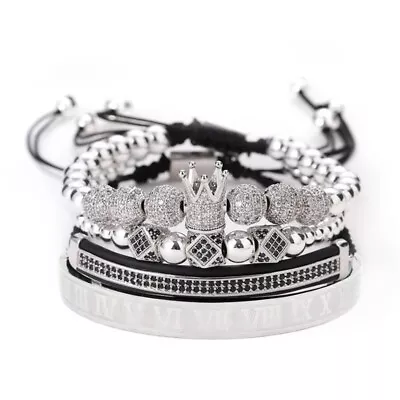 Set 4pcs Women Luxury Micro Pave CZ Ball Crown Braided Adjustable Bracelets • $20