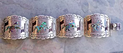 Vintage ICUALA Sterling Silver 7  Bracelet 4-Panel HORSE Design Abalone Wood • $89.99