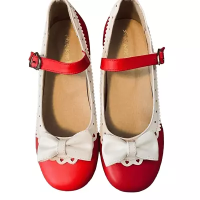 NEWPixie Cove Retro Red& White Bow Pin-Up Mary Jane Heels SZ 9 (closer To 8.5) • £57.85