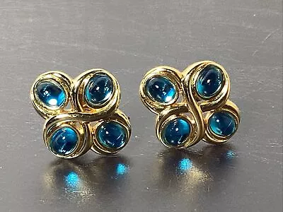 80’s Monet Clip Earrings Gold Tone W Aqua Cabochons  • $9