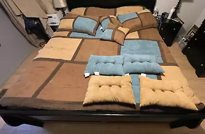 KING SIZE Micro Suede DAREEN COMFORTER SET Shams 6 Pillows BROWN BLUE PATCHWORK • $29.99