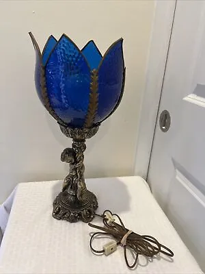 Vintage Brass Cherub Lamp With Blue Stained Glass Tulip Shade • $299.99