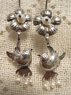 LOVE BIRD & FLOWER With PEARLS EARRINGS STERLING SILVER FRIDA KAHLO TAXCO MEXICO • $43.69
