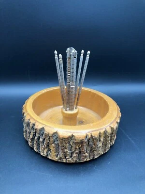 $25.99 • Buy Vintage Tree Bark Live Edge Log Slice Wood Turned NUT CRACKER BOWL W 4 Picks Set
