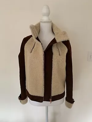 J Brand Shearling Leather Moto Biker Jacket Coat Brown Cream Size Extra Small • $59