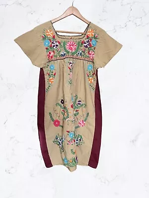 Vintage 80s Tan Cotton Mexican Pueblo Floral Embroidered Kaftan Size S/M • $15.99