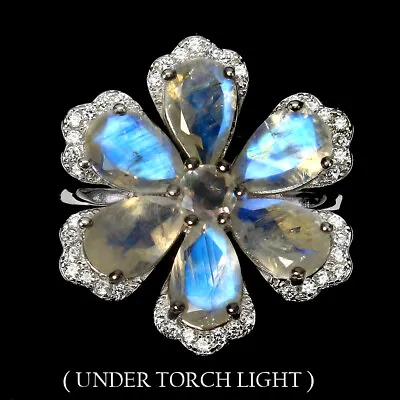 Unheated Pear Moonstone 7x5mmm Simulated Cz 925 Sterling Silver Flower Ring 8.5 • £51.55