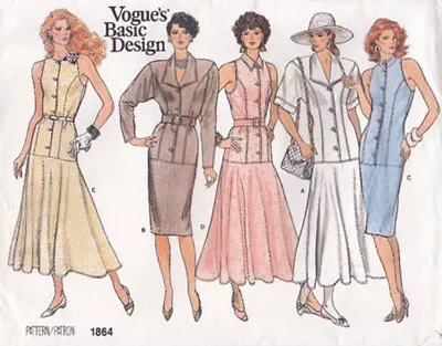 Vogue Basic Design Sewing Pattern 1864 Dresses 5 Styles Misses 12-16 UNCUT 1987 • $13.45