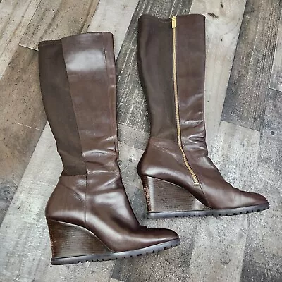 Womens Michael Kors Clara Size 8.5 Leather Wedge Heel Knee High Boots • $119