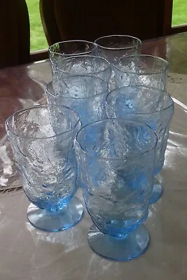 $55 • Buy (8) Mid Century   Morgantown Driftwood Blue Crinkle Footed Water Goblets