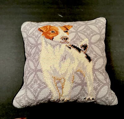 Vintage Handmade Jack Russell  Terrier Dog Needlepoint Throw Pillow 12” Velvet • $24.95