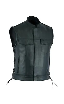 SOA Men's Motorcycle Club Leather Vest Concealed Carry Arms Solid Back • $127.79