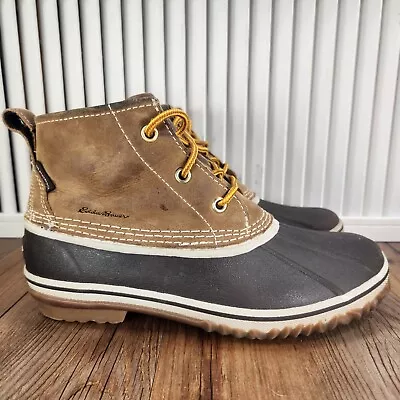 Eddie Bauer Hunt Pac Duck Boots Womens 7.5 Brown Leather Waterproof Rubber Ankle • $39