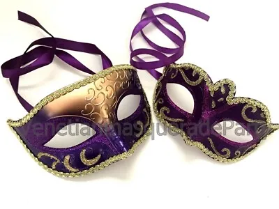 Mardi Gras Gold Purple Masquerade Ball Mask Pair Costume Carnival Dress Up Party • $16.15