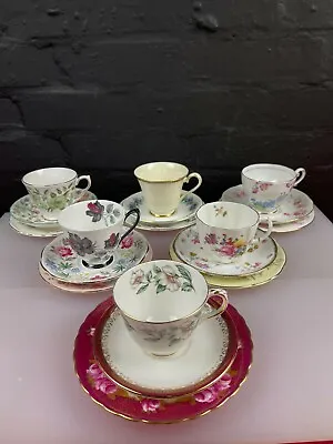 Selection Of Mismatch China Cups Saucers Side Cake Plates Jug Sugar Sets Trios • £11.99
