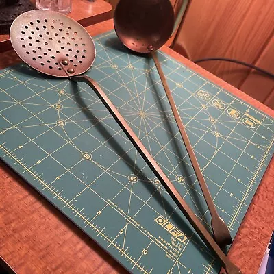 Vintage Long Handle Copper Tin Skimmer Strainer & Water Dipper Ladle 16” Length • $23.99