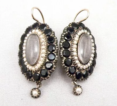 Antique Victorian Mourning Earrings Black Paste Seed Pearl Pierced 10K Ear Wires • $365