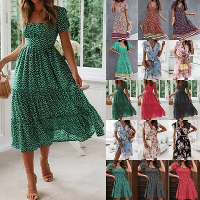 £11.79 • Buy Women Boho Floral Midi Dress Ladies Summer Beach Party Swing Sundress Size 6-20