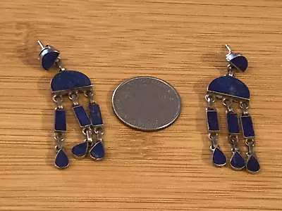 Vintage Antique Hand Made 950 Sterling Silver Lapis Lazuli Dangle Post Earrings • $42