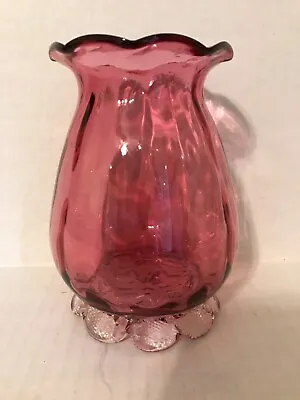 Vintage Cranberry Glass Ribbed Footed Vase With Clear Petal Feet 5-3/4  High • $6.99