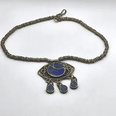 Vintage Blue Necklace Silver Tone Boho 14   • $11.04