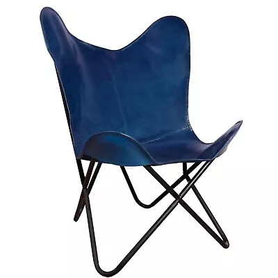 Handmade Retro Antique Blue Leather Butterfly Chair Blue With Folding Iron Frame • $142.50