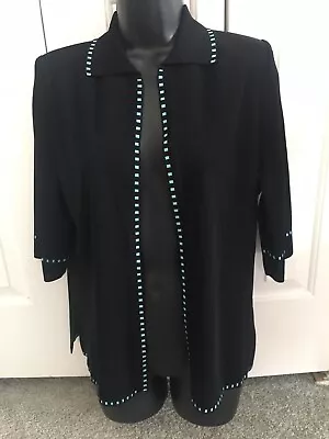 Exclusively Misook Black Knit Cardigan 3/4 Sleeve Open Front Turquoise Trim S • $28.99