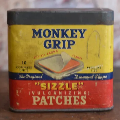 Vintage Monkey Grip Sizzle Vulcanizing Patches Cardboard Can W Tin Top • $15.95