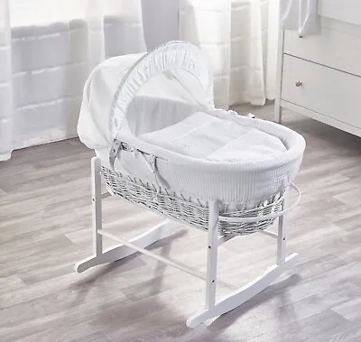 £51.99 • Buy White Wicker Moses Basket And White Rocking Stand Mattress White Cotton Bedding