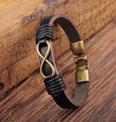 G566 Black Chic Infinity Friendship Leather Hemp Bracelet Bangle Wristband Men's • £4.19