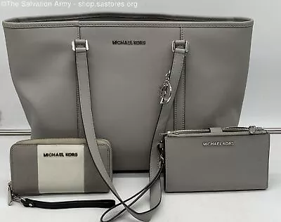 Michael Kors Women's Solid Gray Leather Carryall Shoulder Bag W/ 2 Wallets • $46