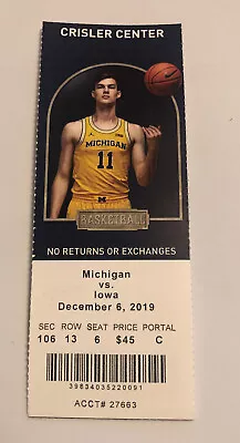 2019 Michigan Wolverines Vs Iowa Hawkeyes Basketball Ticket Stub • $4.99