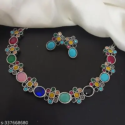 Bollywood Indian Silver FN Multicolor Stone Choker Necklace Ethnic Jewelry Set • $15.97