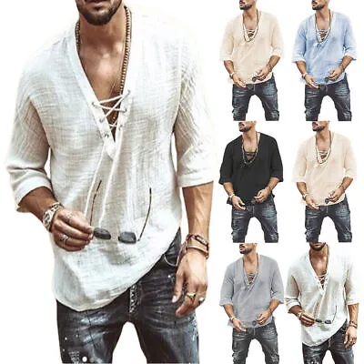 Men Retro V Neck Short Sleeve Solid Muscle Shirts Tops Lace-up T Shirt Blouse • £11.58