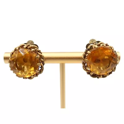 Vintage West Germany Orange Faceted Glass Gold Tone Clip On Earrings Unbranded • $16.99