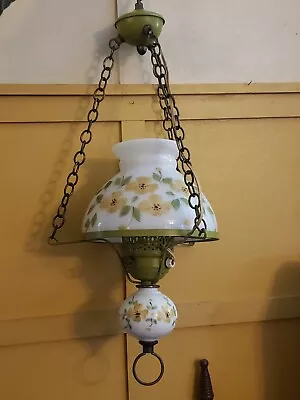 Vintage Milk Glass Hanging Ceiling Swag Lamp Light Chandelier 21” Hand Painted • $75