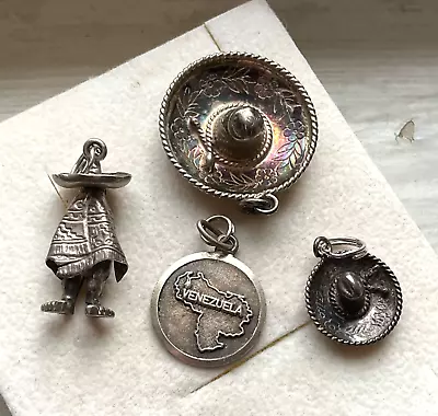 LOT Sterling Vintage Charms MEXICO Serape Figure Sombreros Venezuela Map • $18