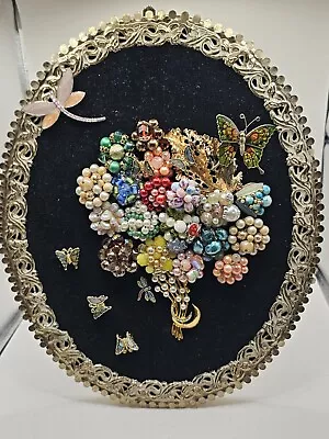 Mixed Media Vintage Framed Jewelry 40s 50s Bead Earrings Floral Bouquet OOAK  • $125