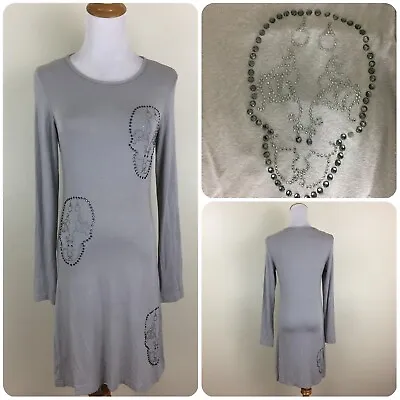 ZAC POSEN Womens Sz Small Light Gray Silver Skull Rhinestone Long Sleeve Dress • $35.19