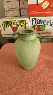 Vintage Green Frosted Glass Vase With Brass Top • $14.99