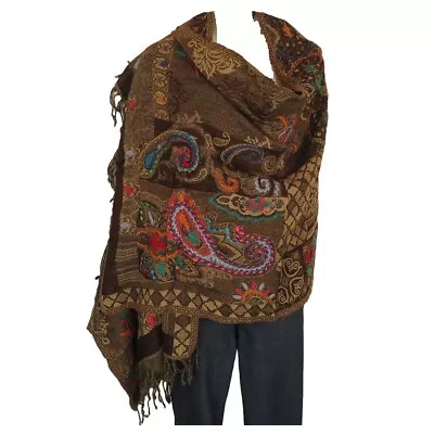 Yak/Sheep Wool Blend|Stitched Embroidery|Shawl| Handcrafted|Nepal |Brown & Sand • $83