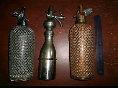 3 Vintage Sparklets Seltzer Syphon Glass Wire Mesh And Metal Bottleinstructions • $155