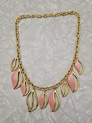 Vintage Estate Monet Gold Tone Pink Enamel Leaves Bib Necklace ~ 18  • $14