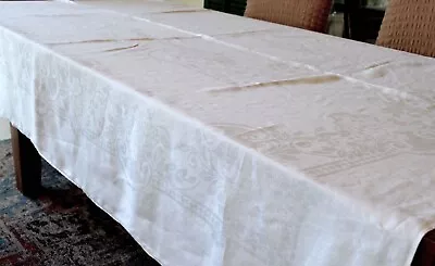 Vintage White Damask Tablecloth Abstract Geometrics & Floral Designs 70x86 Inch • $24.99