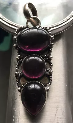 Vtg. Sterling Silver Pendant Three Purple Amethyst Cabochon Stones • $35