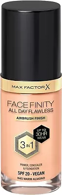 Max Factor Facefinity All Day Flawless 3 In 1 Foundation No. 45 Warm Almond • $15