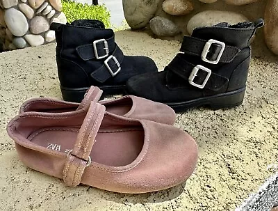 Zara Girls Shoe Lot Black Motorcycle Boots Size 24 And Blush Mary Janes Size 25 • $6